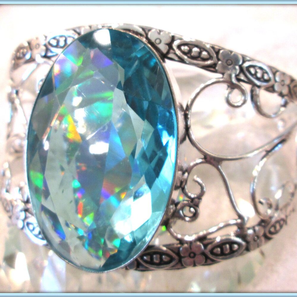 Aquamarine oval cut labcreated gem Stone High Quality ladies silver bracelet